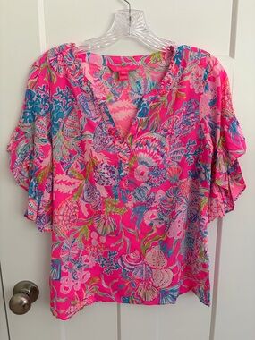 Lilly Pulitzer Quinna Top Shell Me Something Good XS Pink Green EUC Ocean Theme